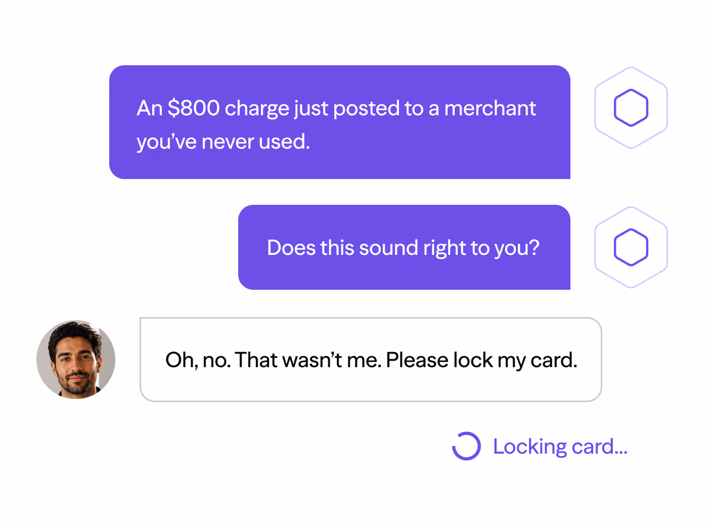 Chat showing a suspicious $800 charge and user asking to lock their card, with locking in progress.