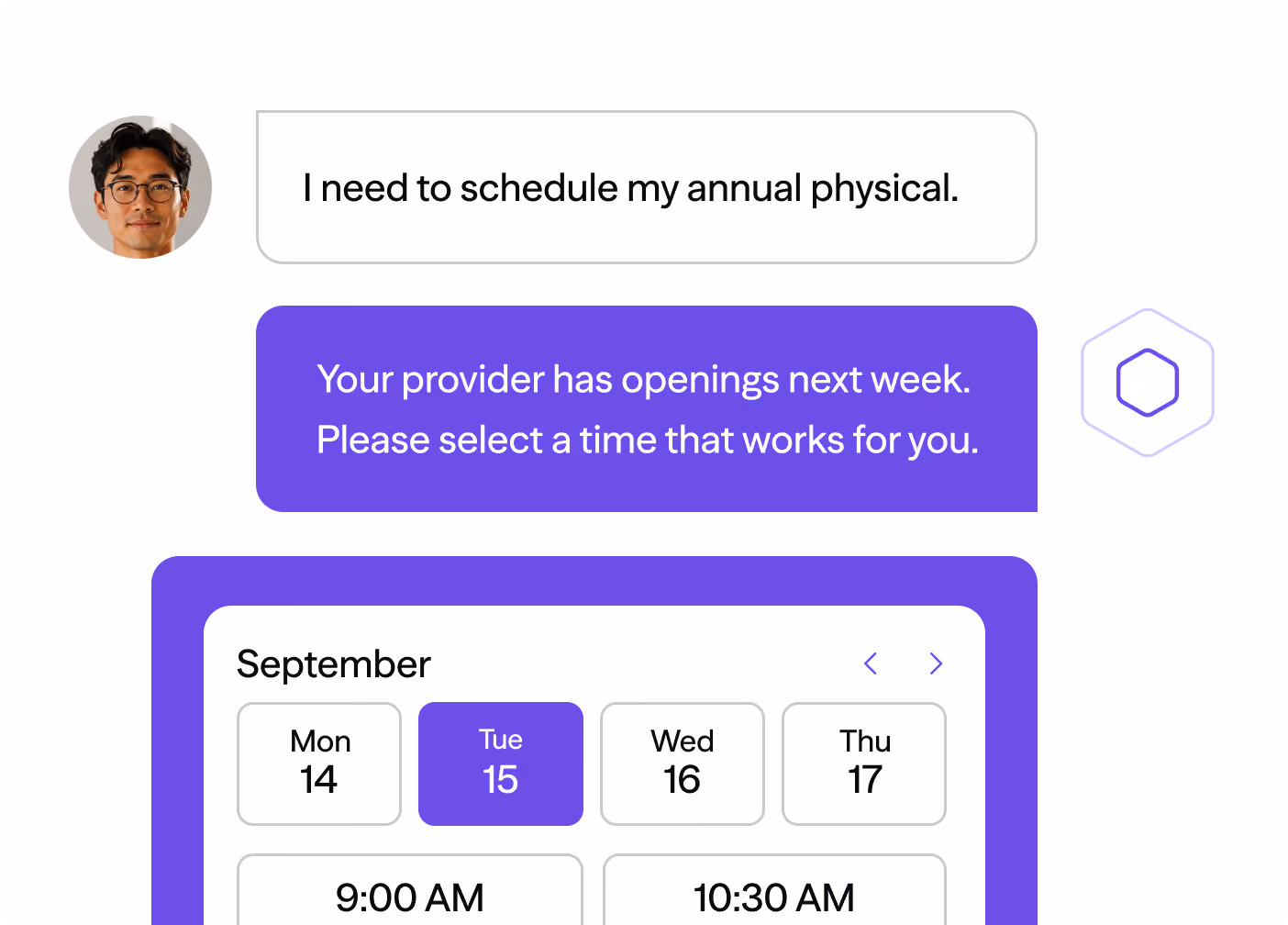Chat interface where user schedules an annual physical with provider offering next week openings and time options.