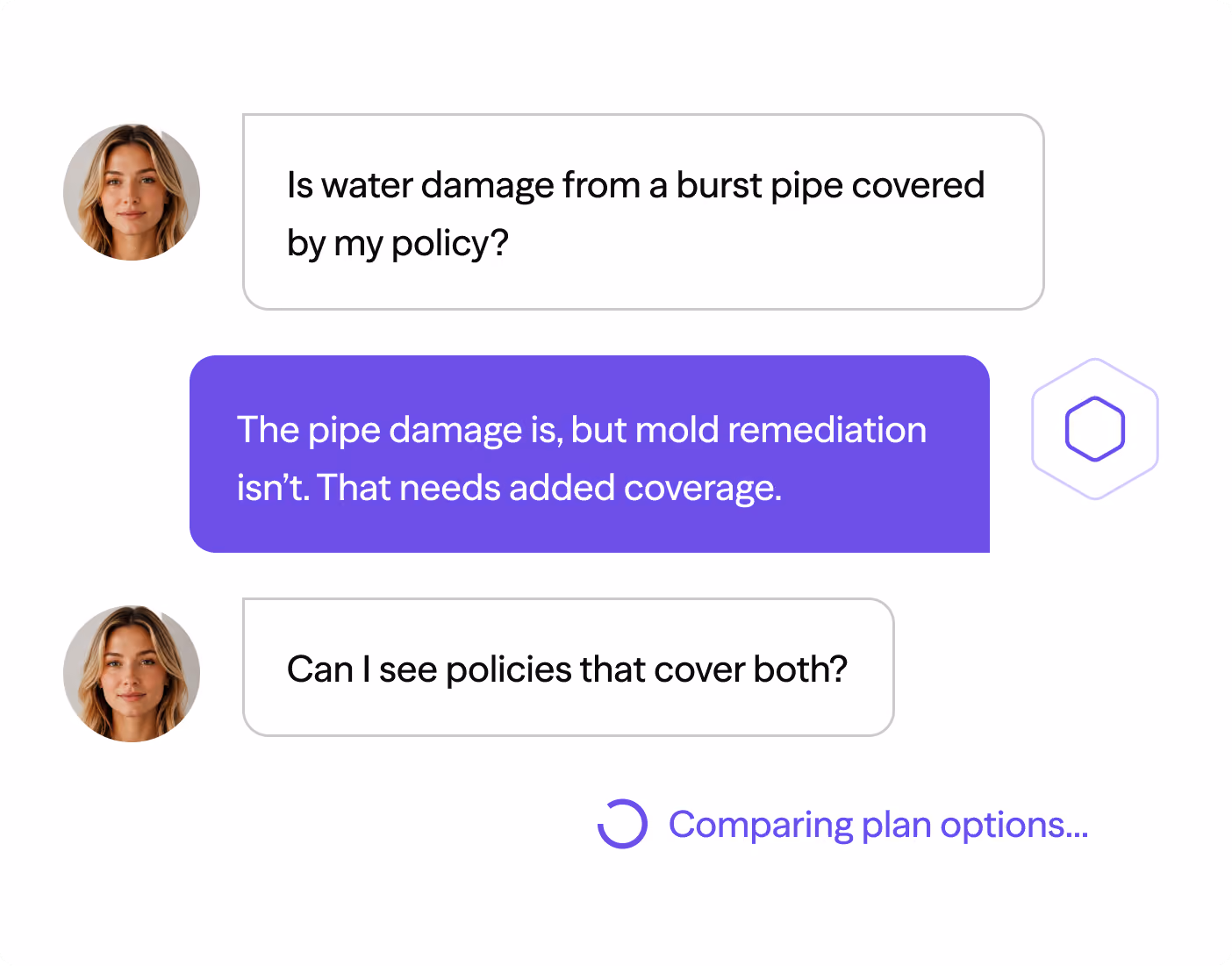 Chat showing water damage from burst pipe covered by policy but mold remediation is not and comparing plan options.