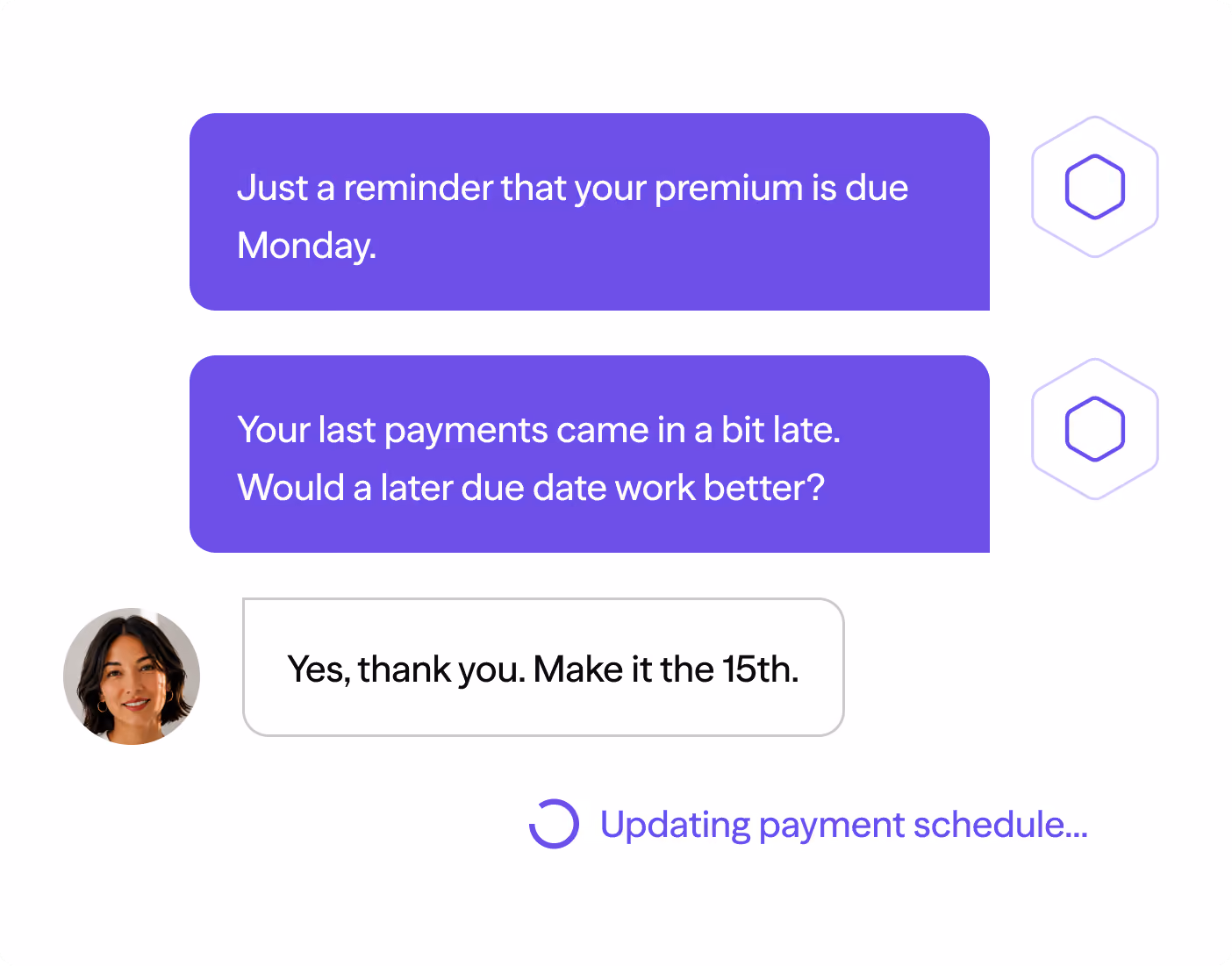 Chat showing insurance payment reminder, discussion about late payments, and rescheduling to the 15th.