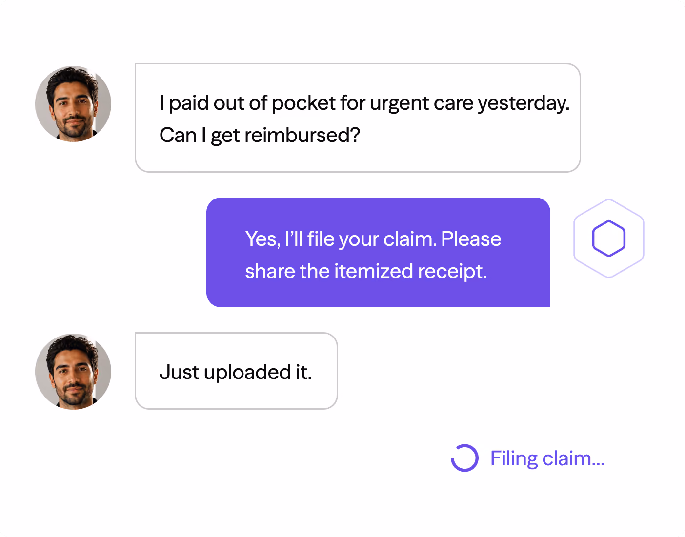 Chat conversation about filing an urgent care claim with a claim being filed and receipt uploaded.