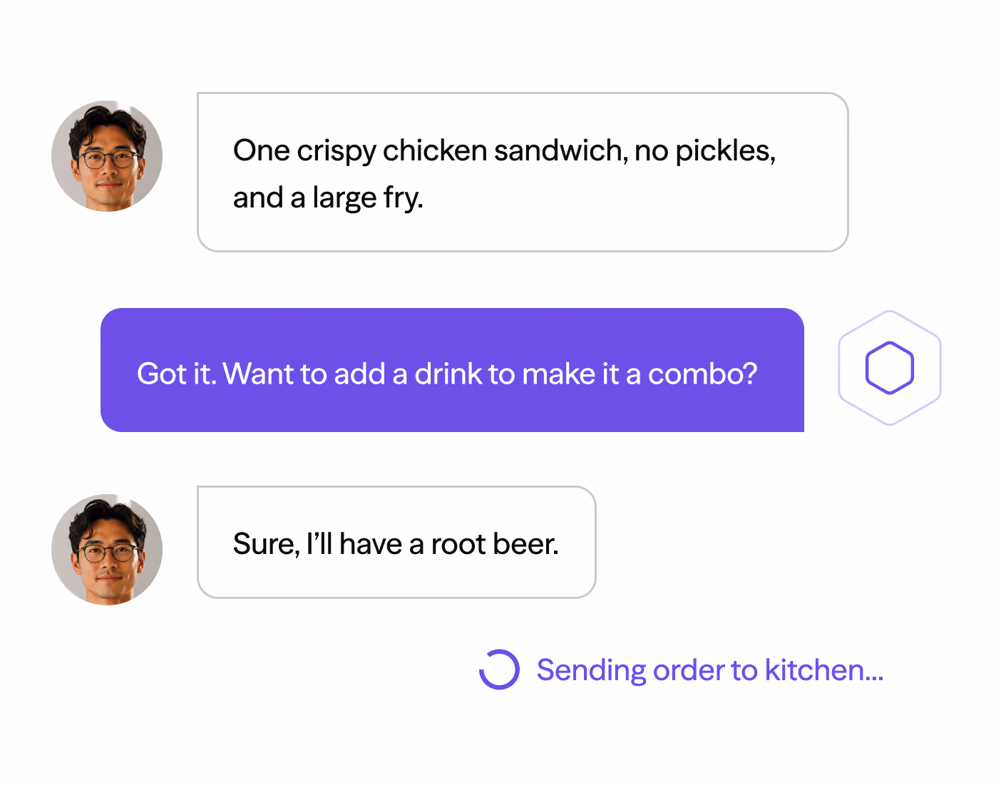 Chat conversation where user orders a sandwich and fries, then chooses root beer as a drink.