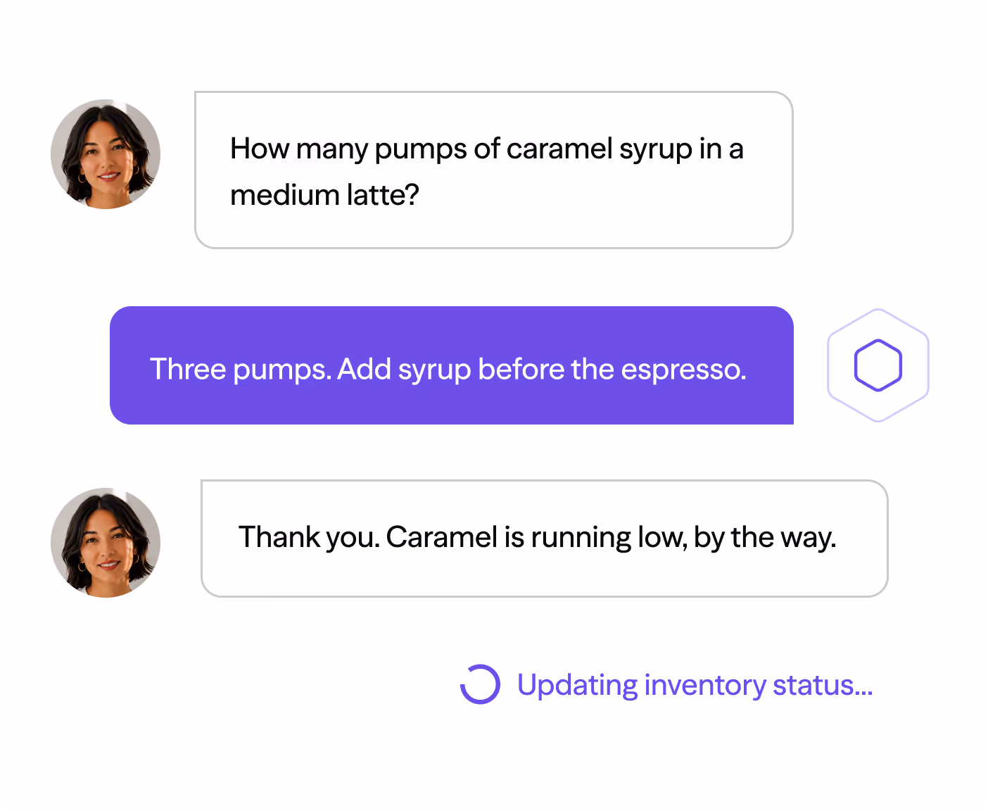 Chat conversation on caramel syrup pumps for latte and alert about low caramel inventory updating.