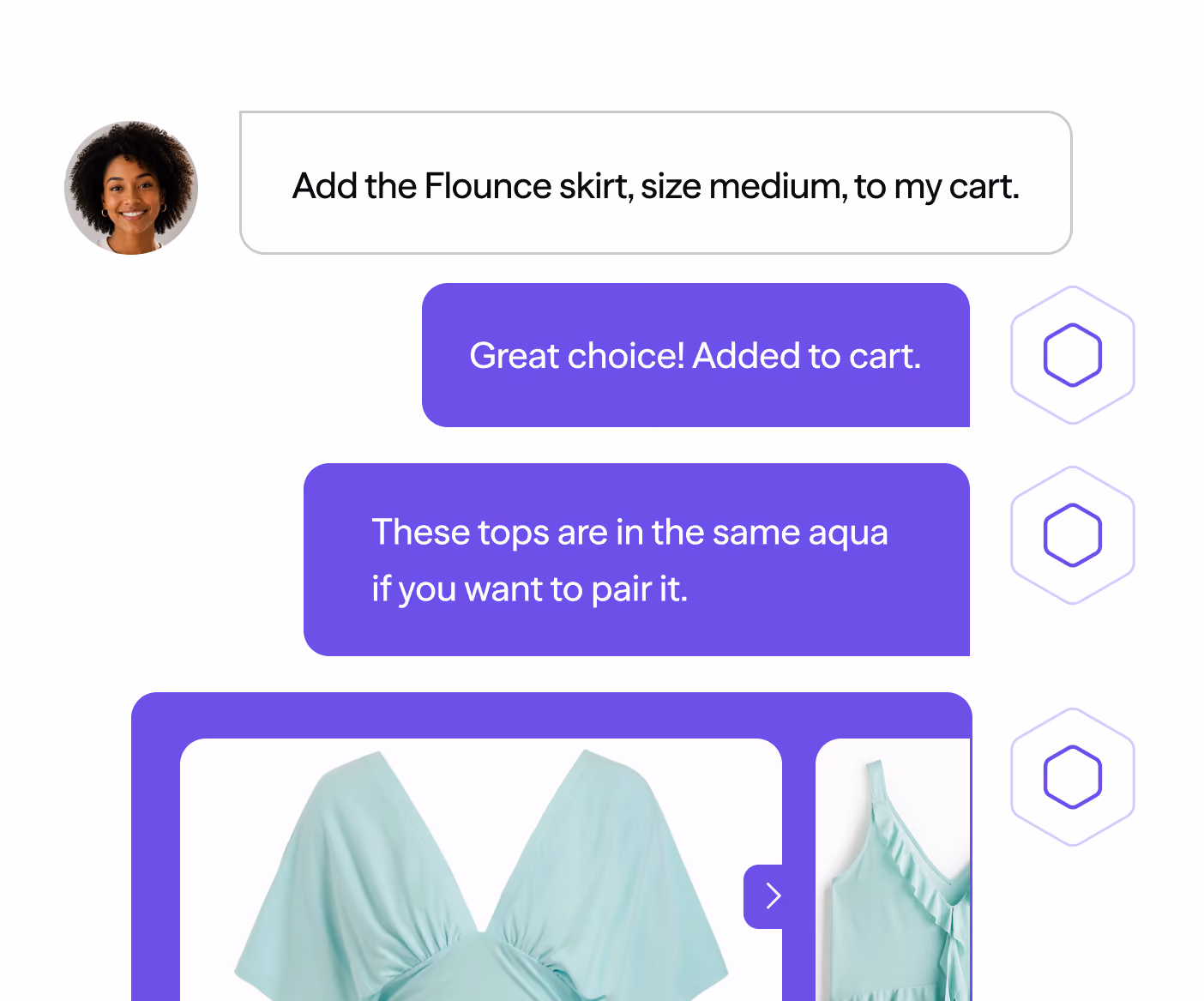Chat screen with a user adding a Flounce skirt to cart and AI suggesting aqua tops to match.