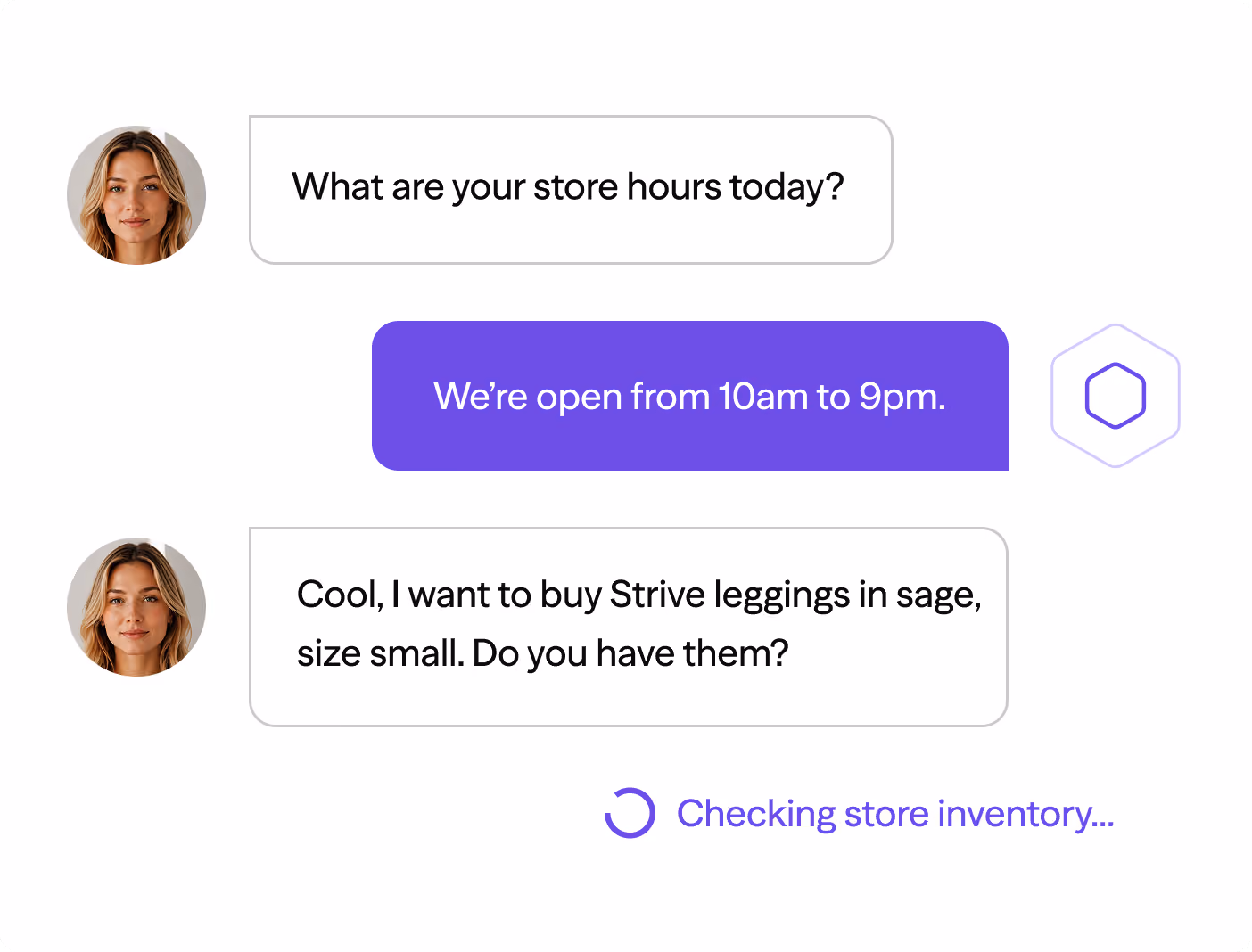 Chat showing store hours and a customer asking about Strive leggings size small, with inventory checking status.