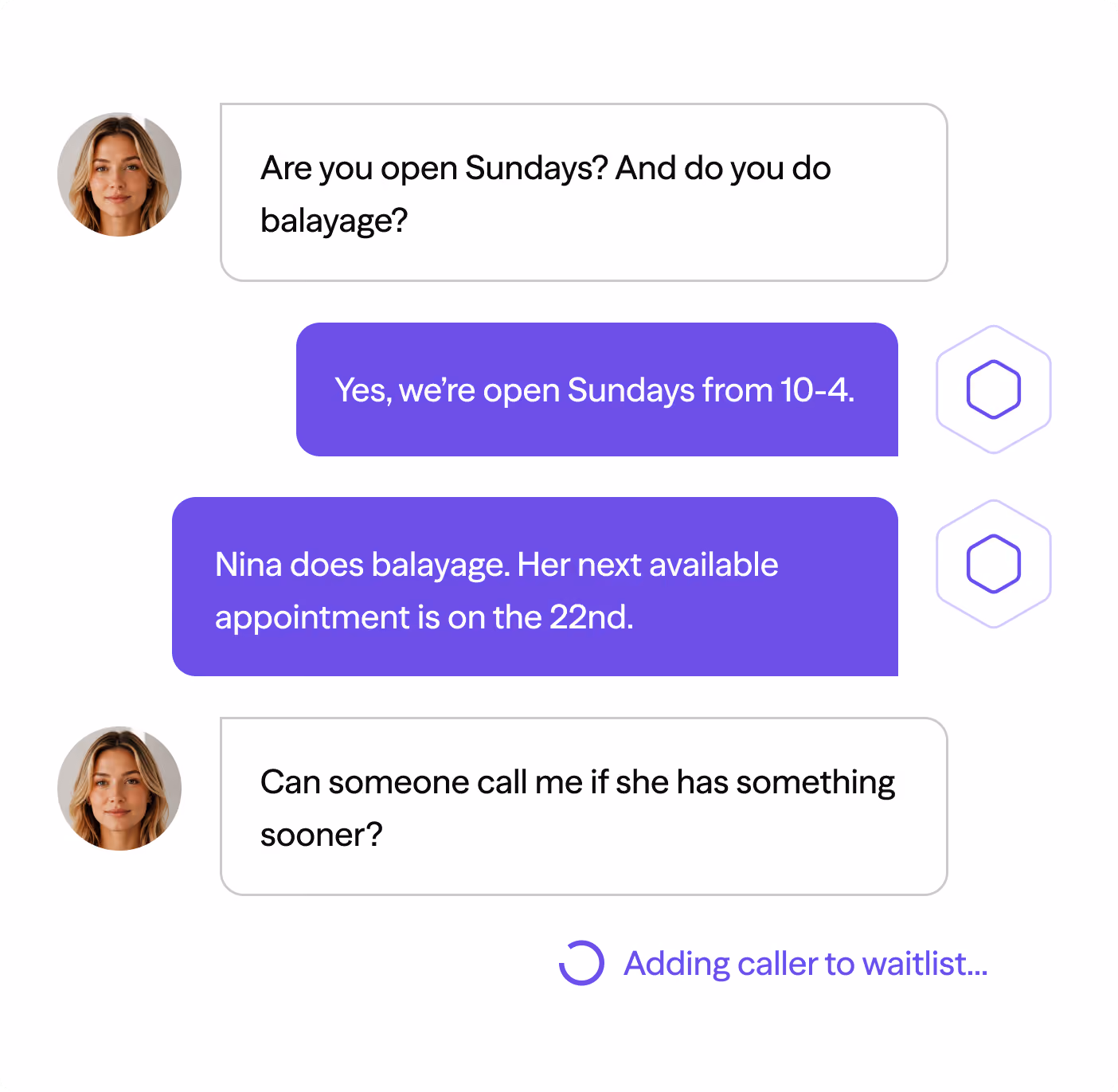 Chat showing a customer asking about Sunday hours and balayage, with replies and waitlist message.
