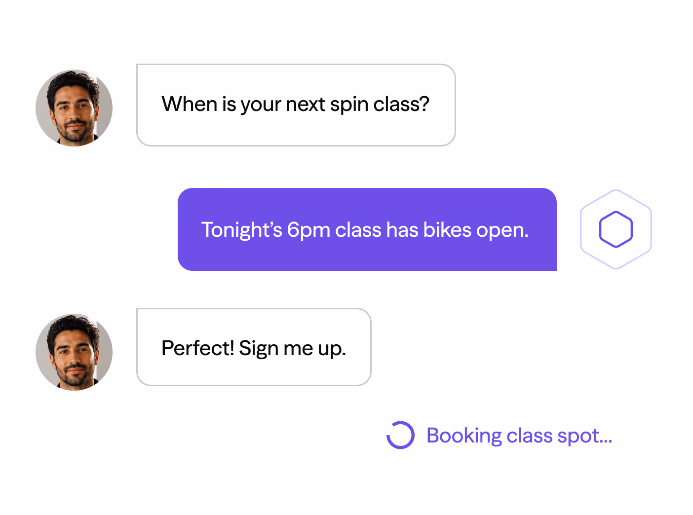 Chat conversation about a 6pm spin class with open bikes and booking confirmation in progress.