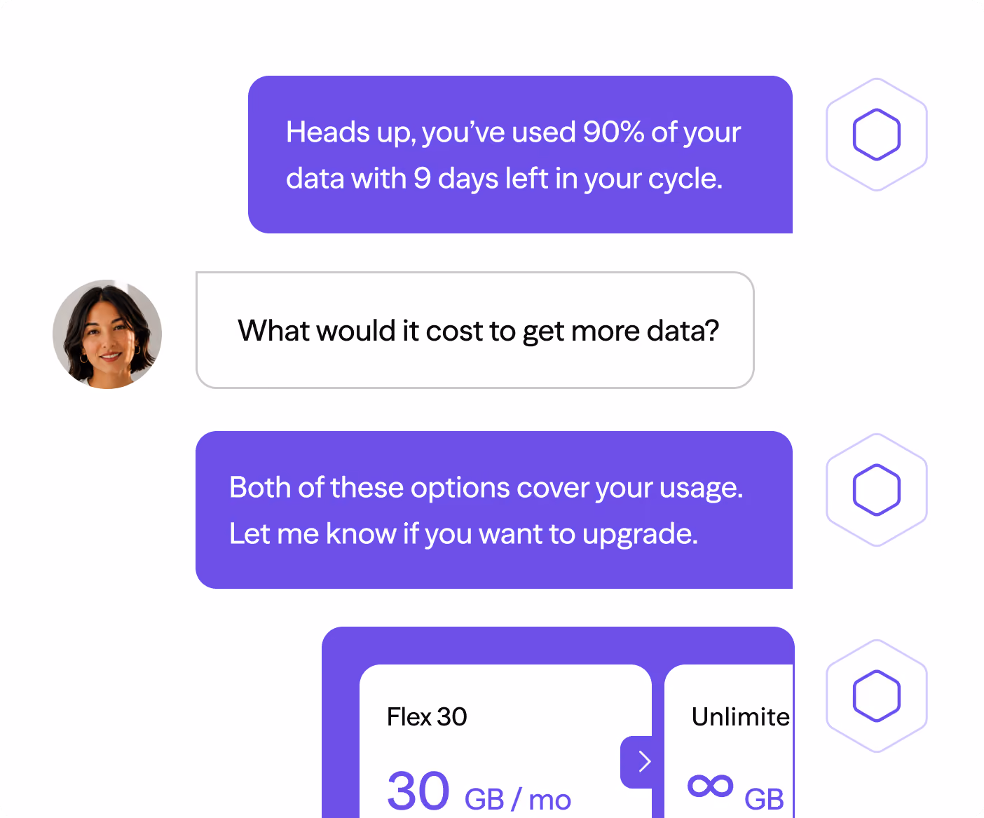 Chat showing data usage alert with options to upgrade plans Flex 30 GB/month or Unlimited data.