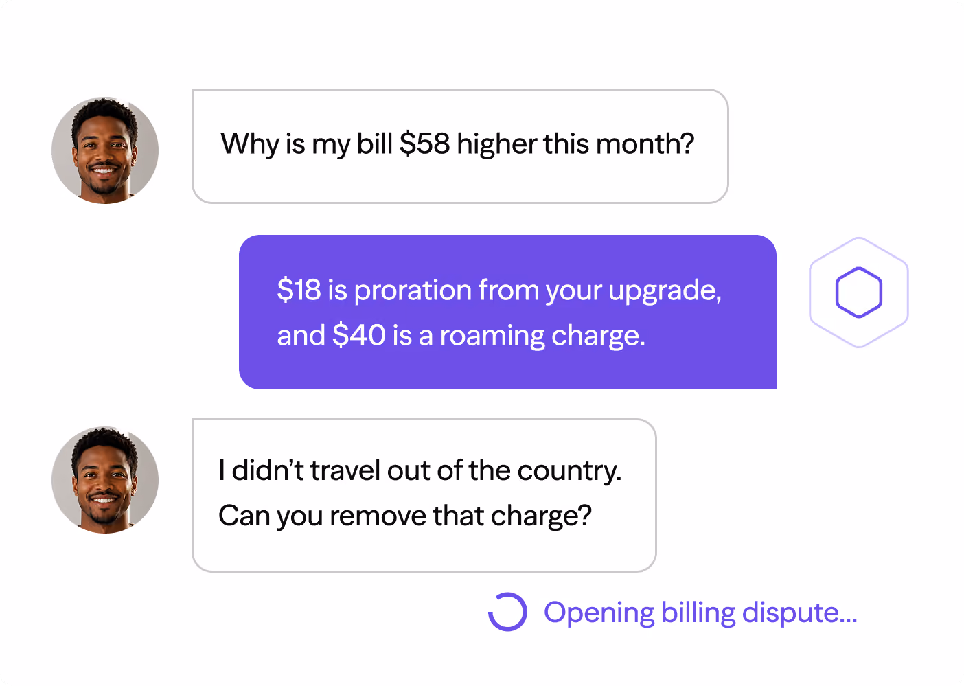 Chat showing a man asking about a $58 bill increase and a reply explaining $18 upgrade and $40 roaming charge.