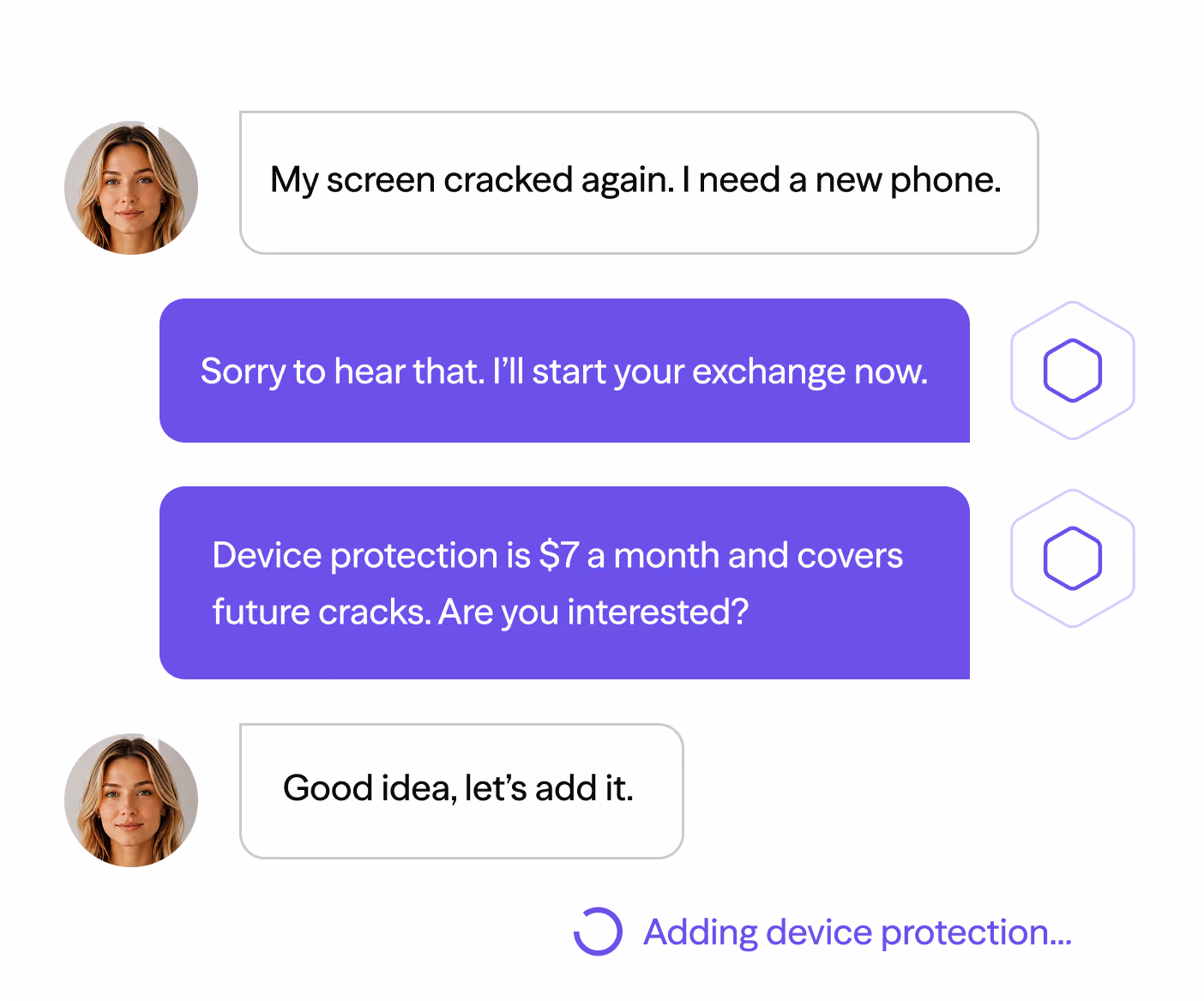 Chat showing a user reporting a cracked screen, agreeing to device protection, and adding it.