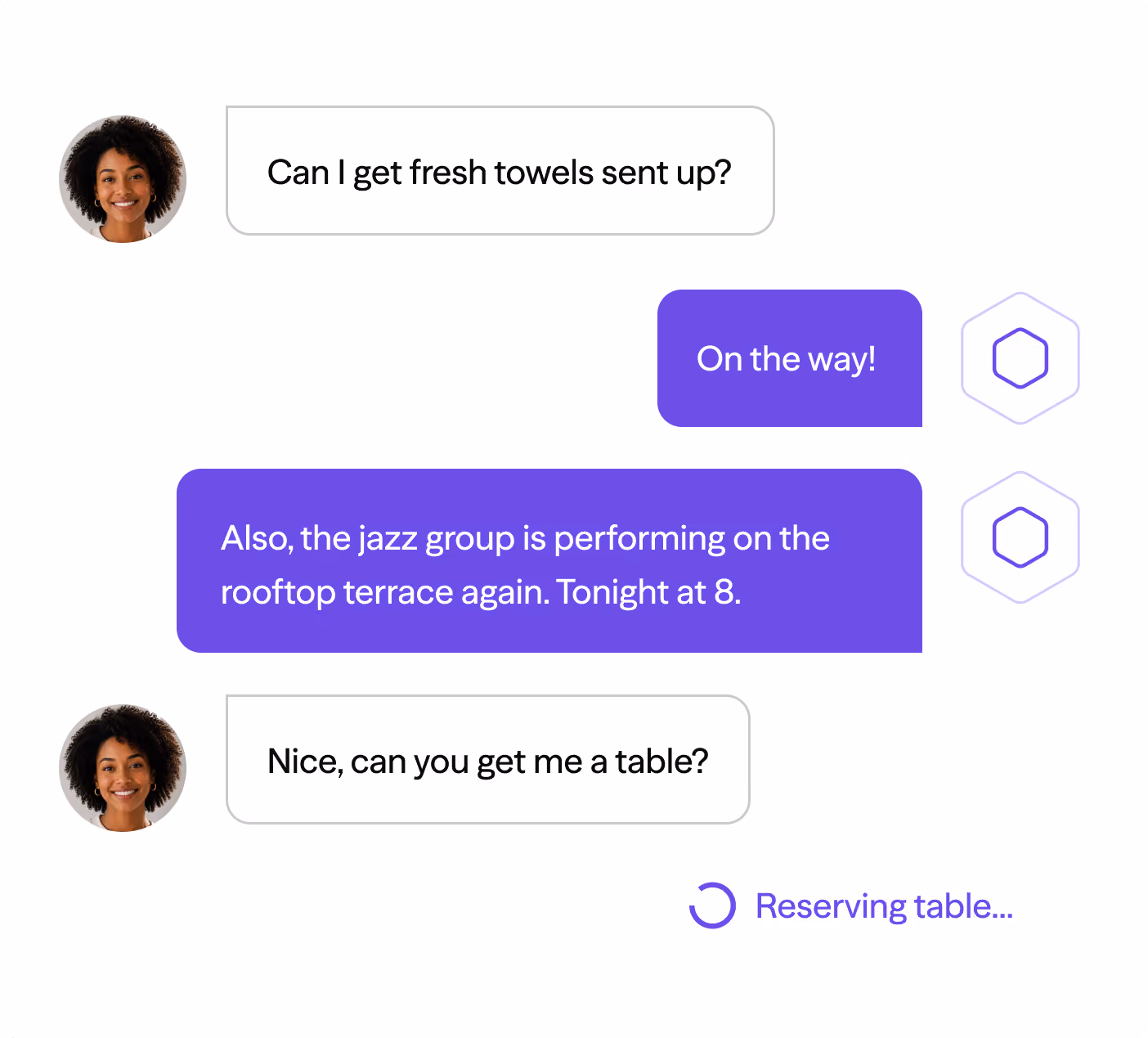 Chat conversation about fresh towels, jazz band on rooftop, and table reservation in progress.