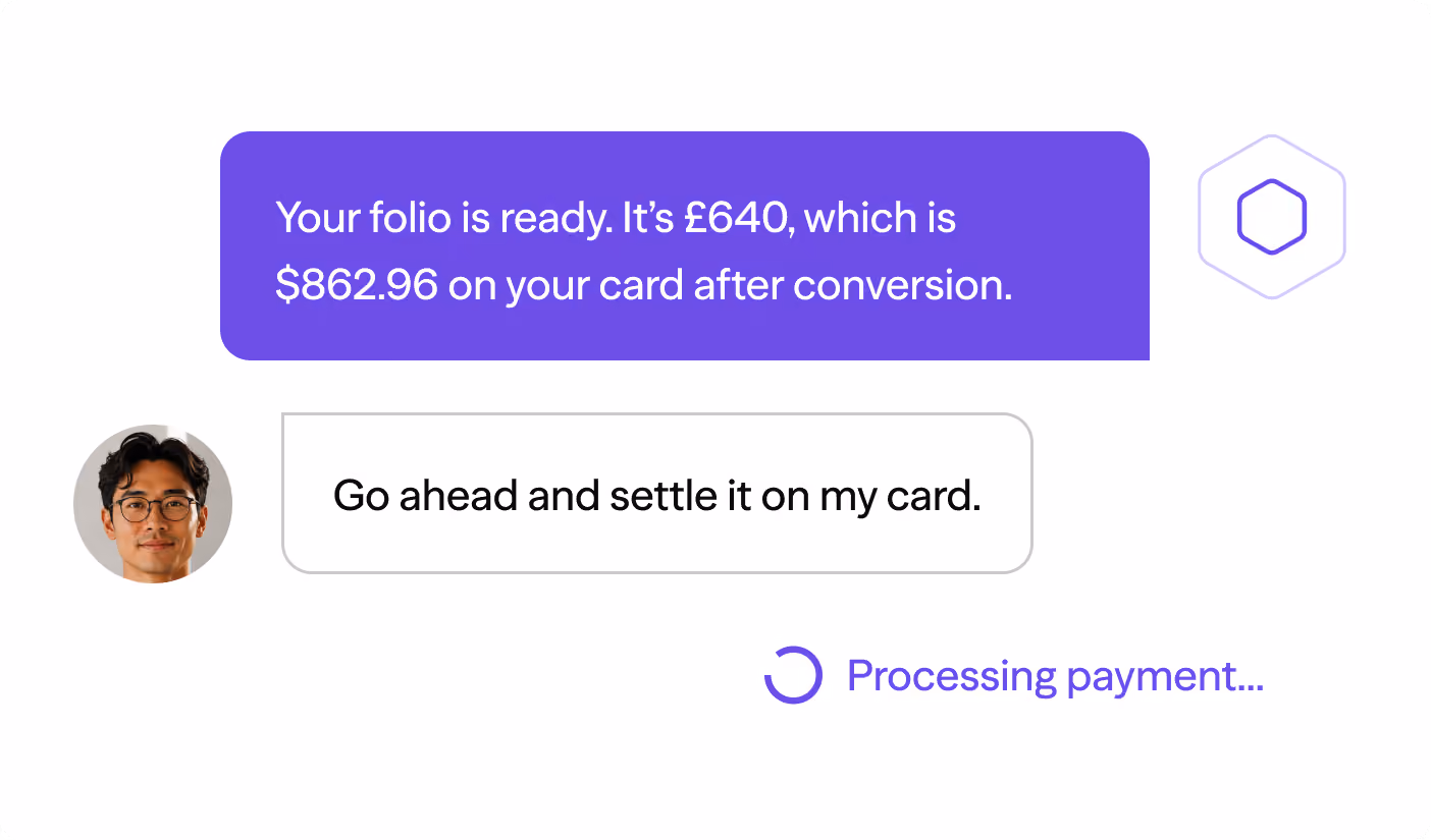 Chat screen showing bill amount £640 converted to $862.96 with user confirming payment, status shows processing payment.