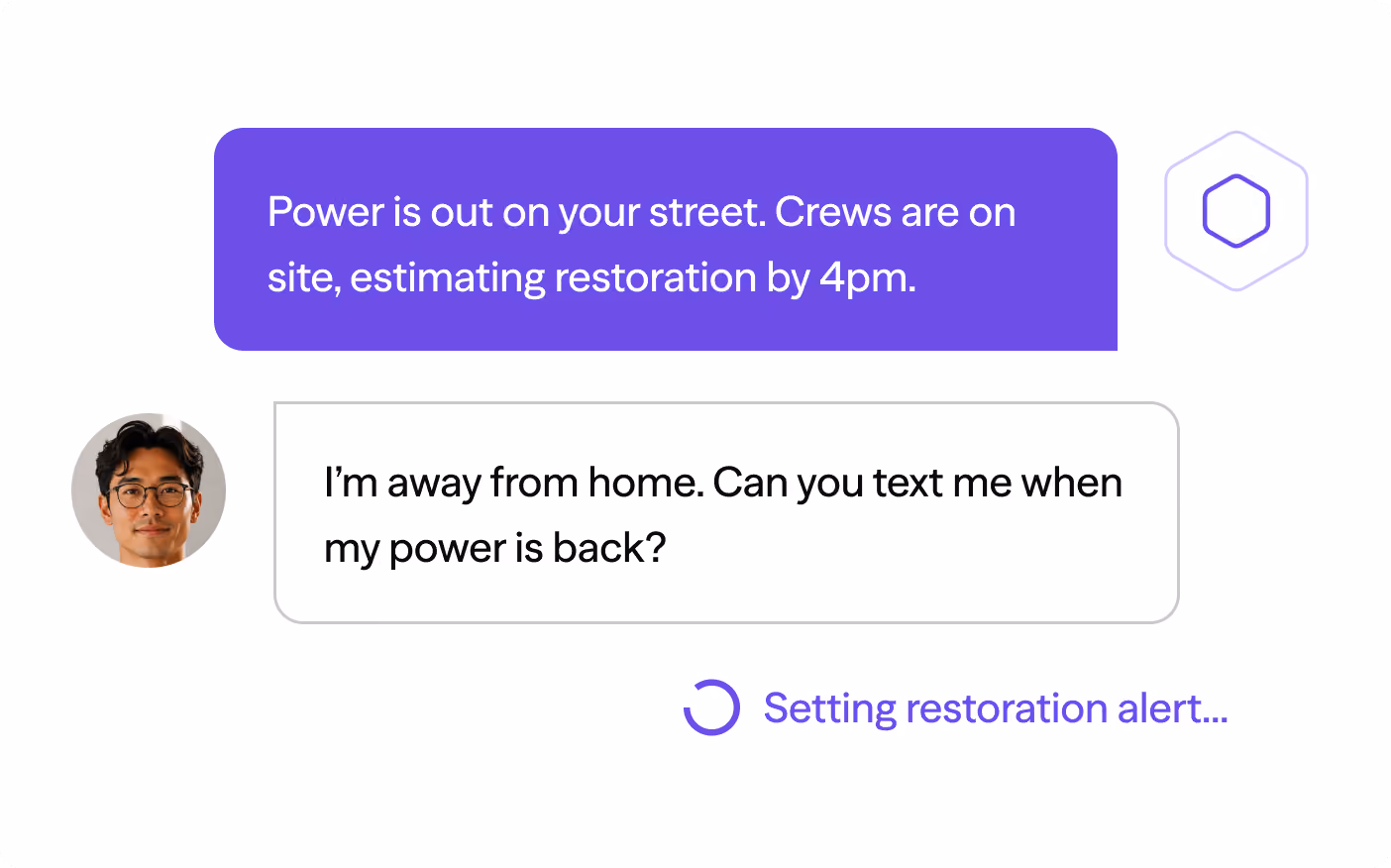Chat showing power outage alert and user requesting text when power is restored, with restoration alert setting.
