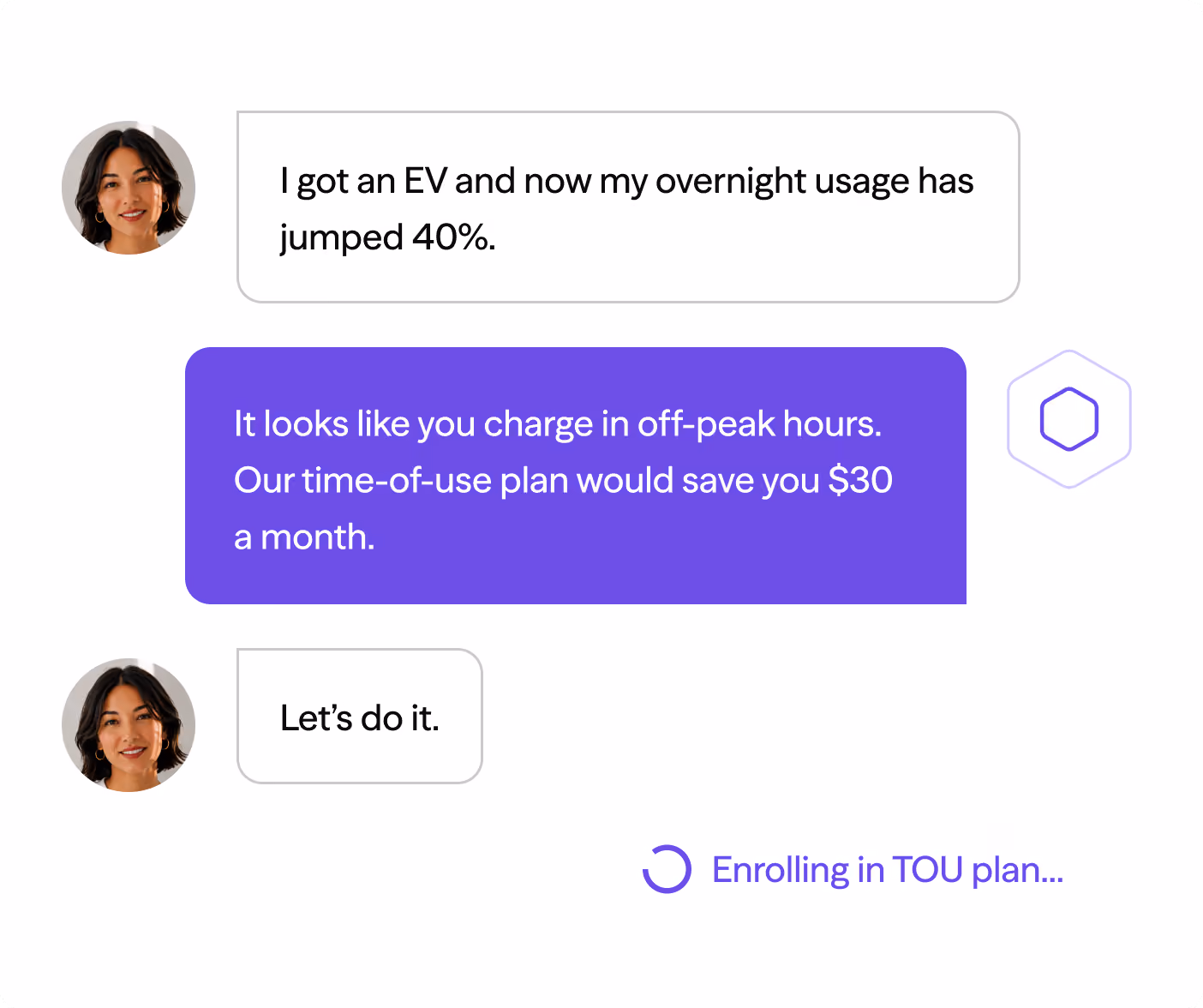 Chat showing a user discussing EV use and confirming enrollment in a time-of-use savings plan.