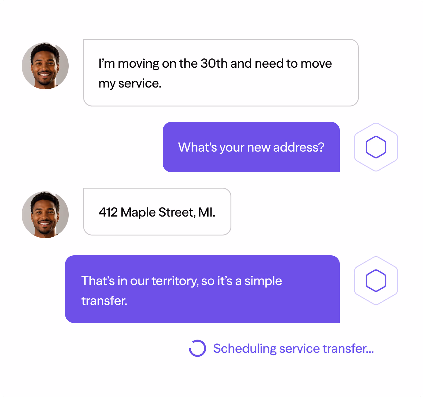 Chat conversation about moving service to new address 412 Maple Street, with confirmation of simple transfer.