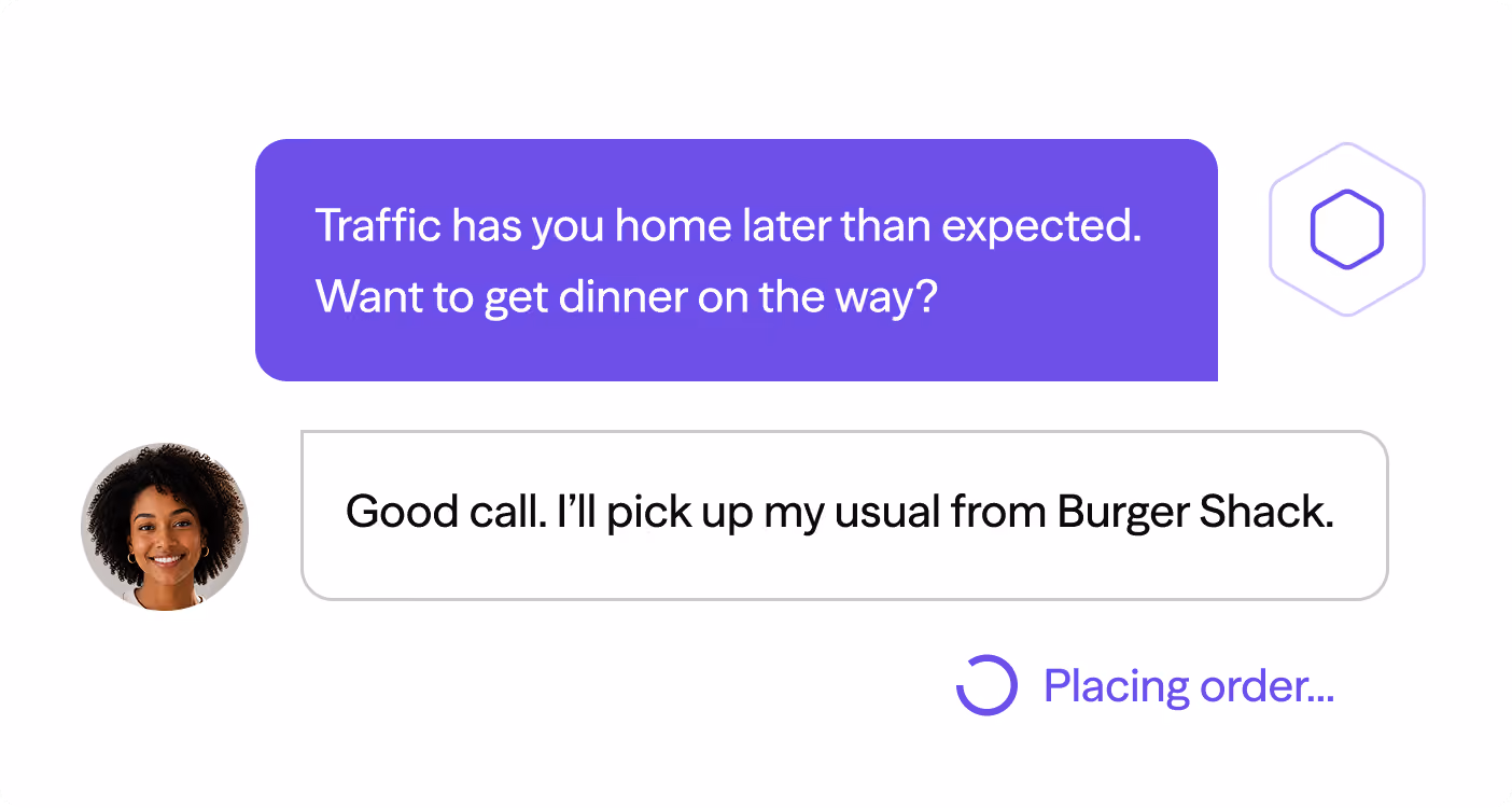 Chat shows traffic delay and dinner offer; reply says will pick up usual from Burger Shack while placing order.