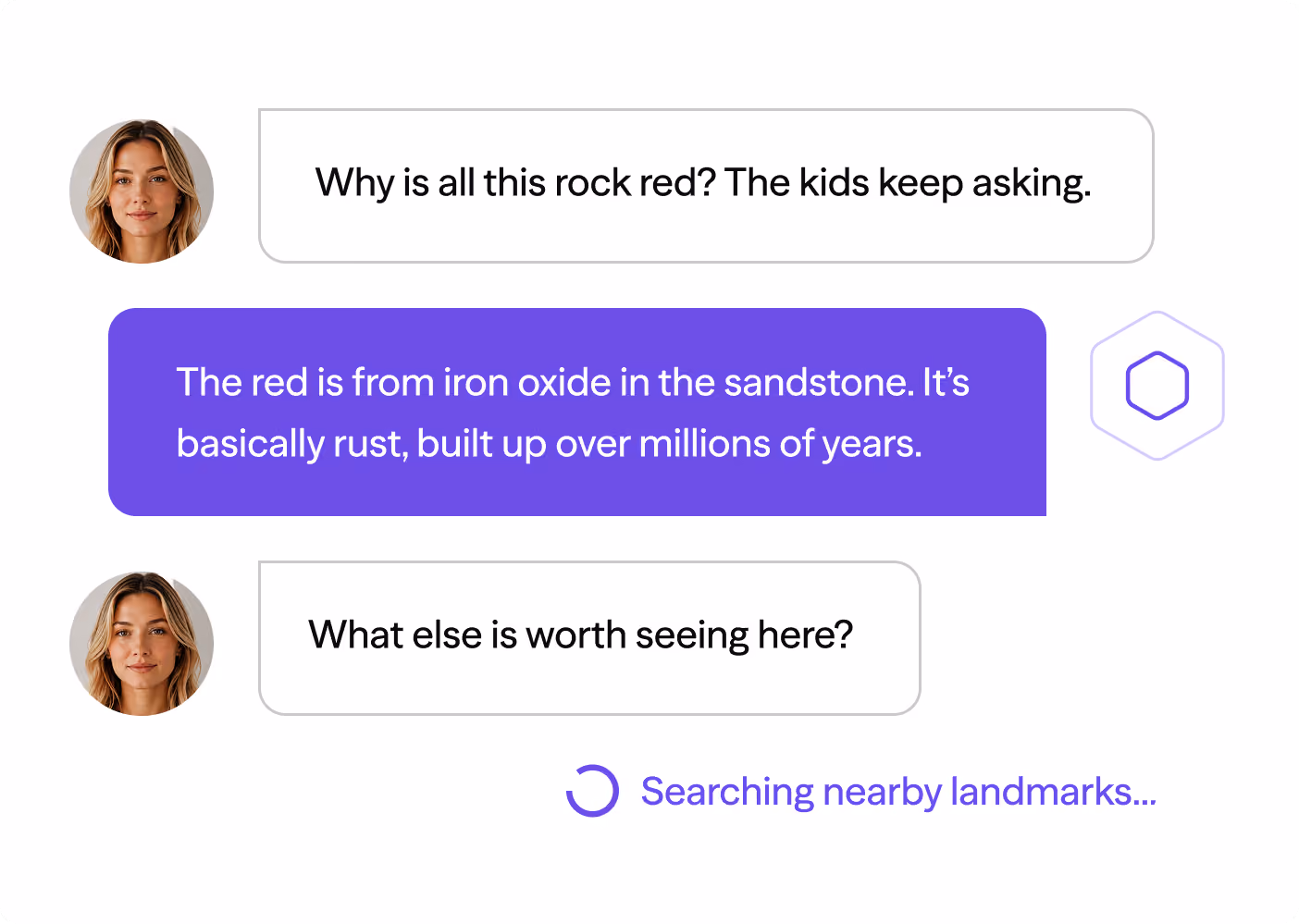Chat screen shows a question about red rock and reply explains it’s iron oxide rust, then asking about nearby landmarks.