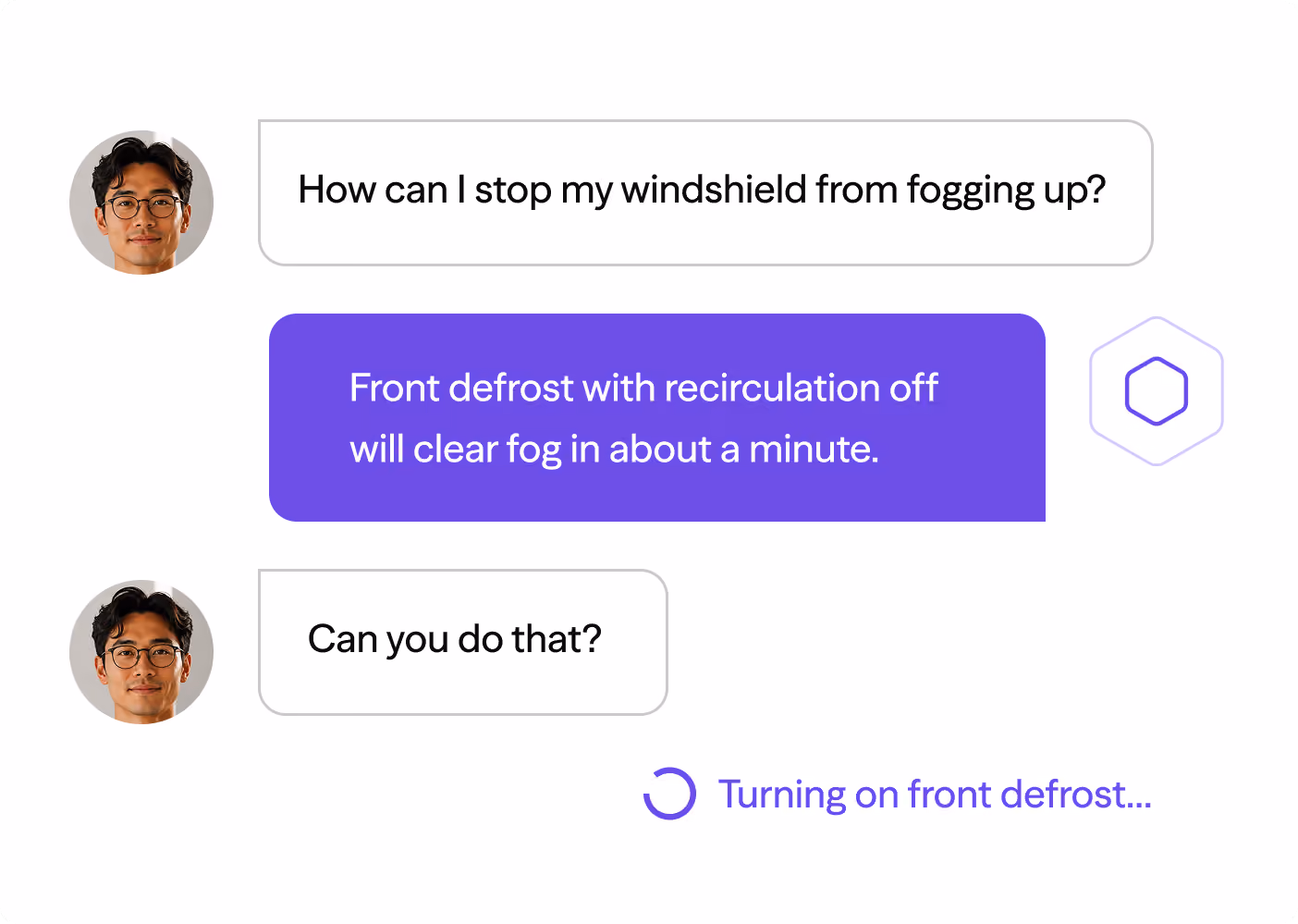 Chat conversation about stopping windshield fog with front defrost and recirculation off, activating front defrost.
