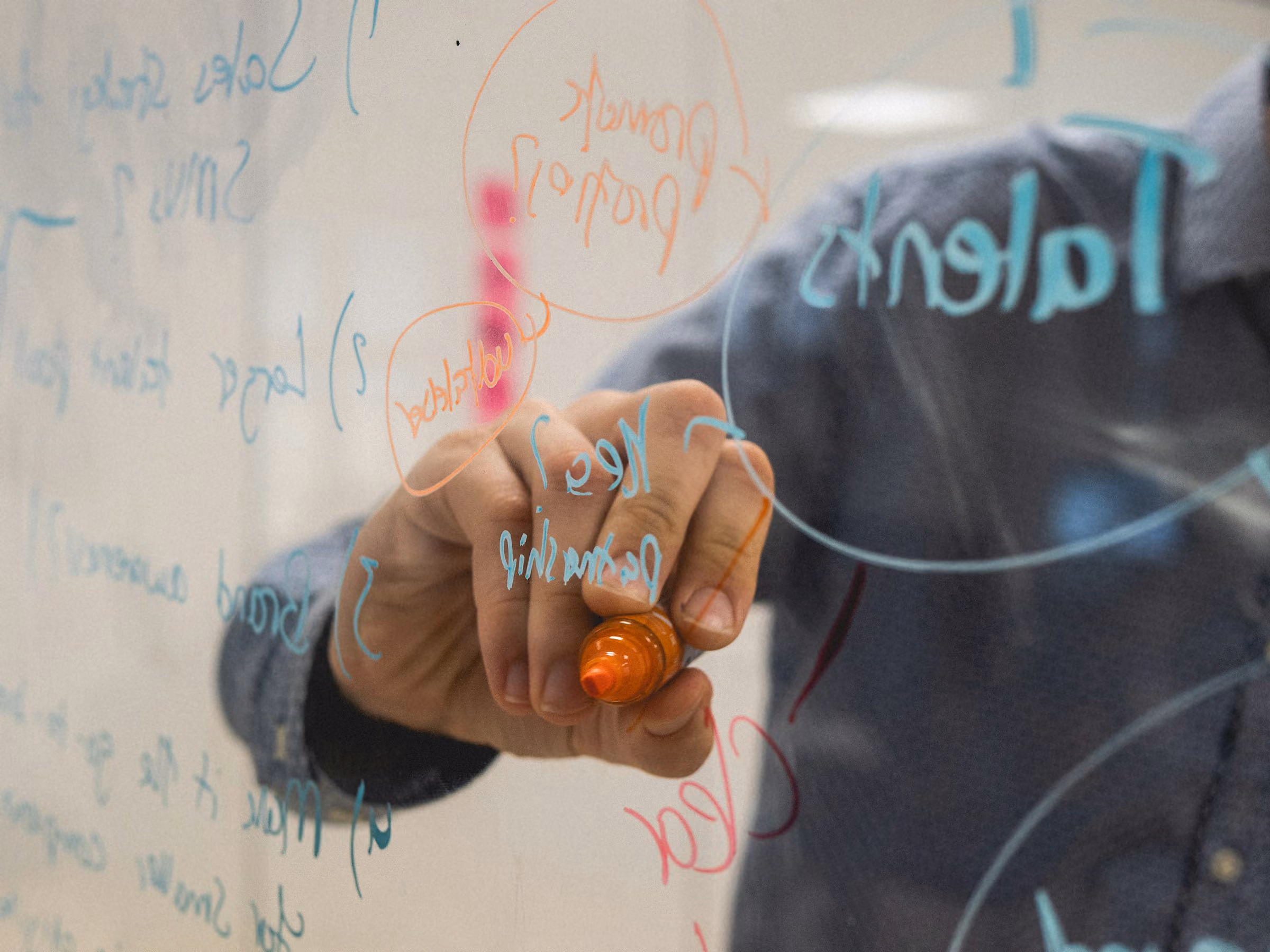 Person writing notes and diagrams on a transparent whiteboard.
