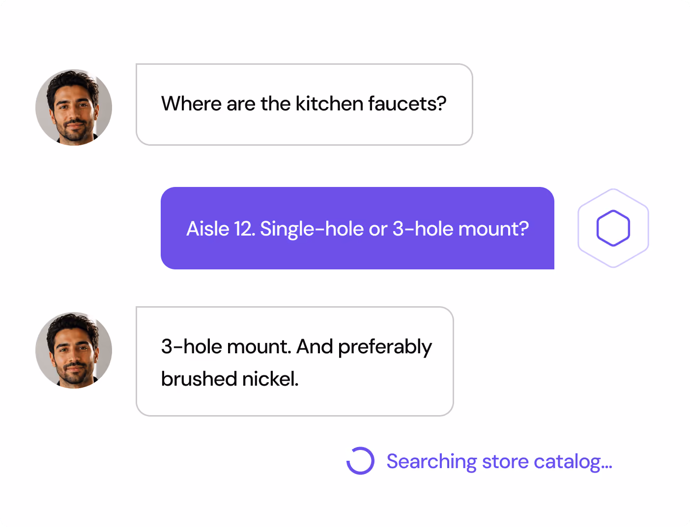 Chat showing a man asking about kitchen faucets and getting a reply with aisle location and mount type.