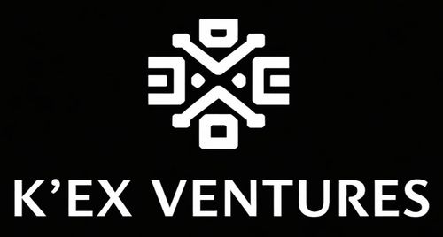Stylized white geometric logo above the text K’EX VENTURES on a black background.