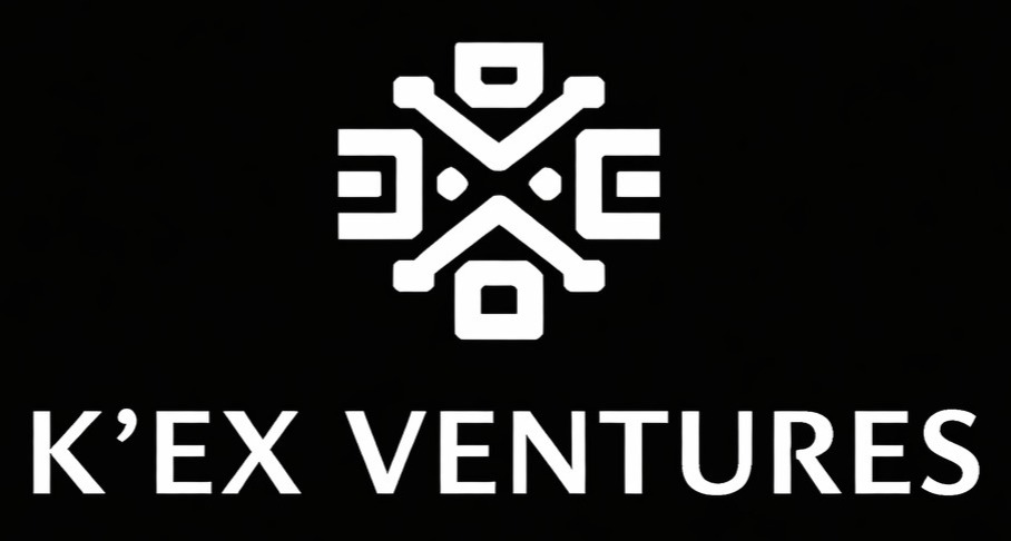 Stylized white geometric logo above the text K’EX VENTURES on a black background.