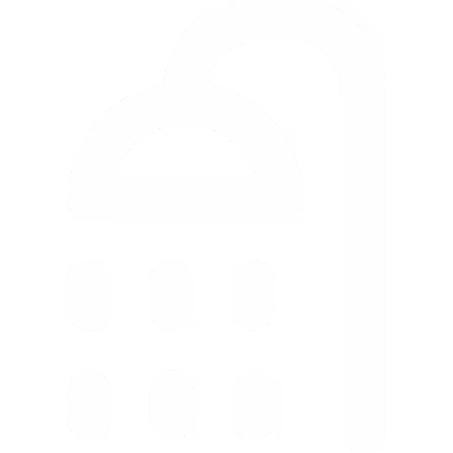 White showerhead icon with six water droplets on a transparent background.