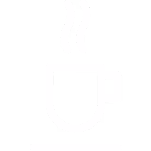 White icon of a steaming coffee cup on a saucer against a black background.