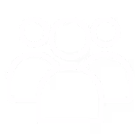 White icon of three people representing a group or community on a black background.