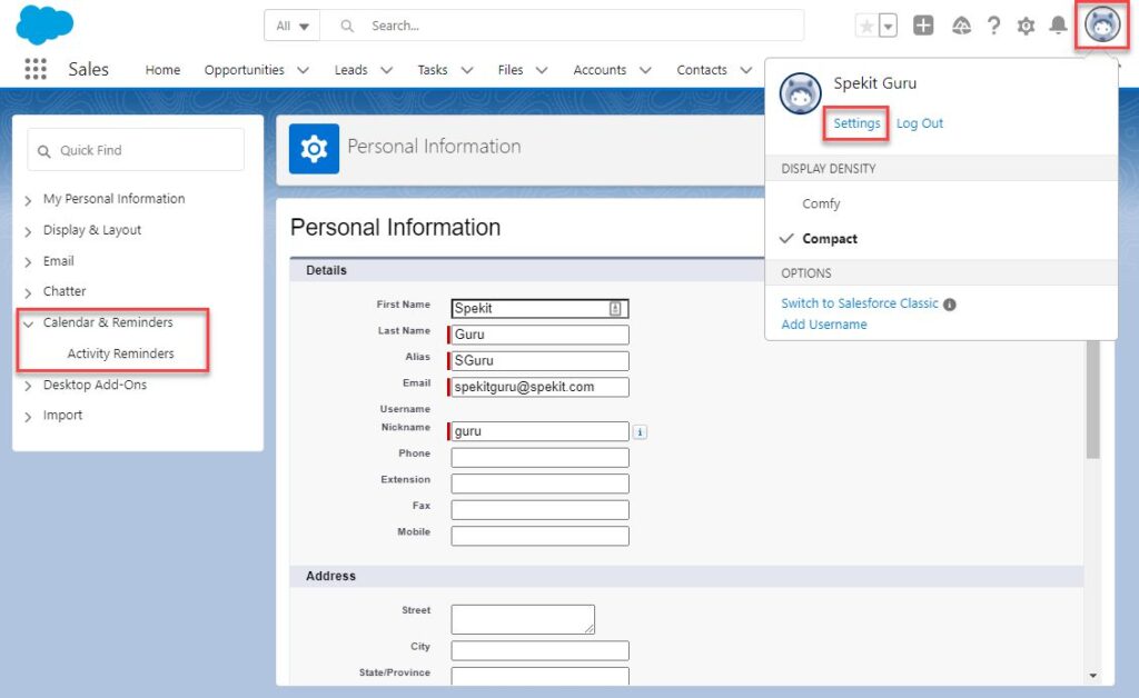 Calendar & Reminders Settings in Salesforce Lightning