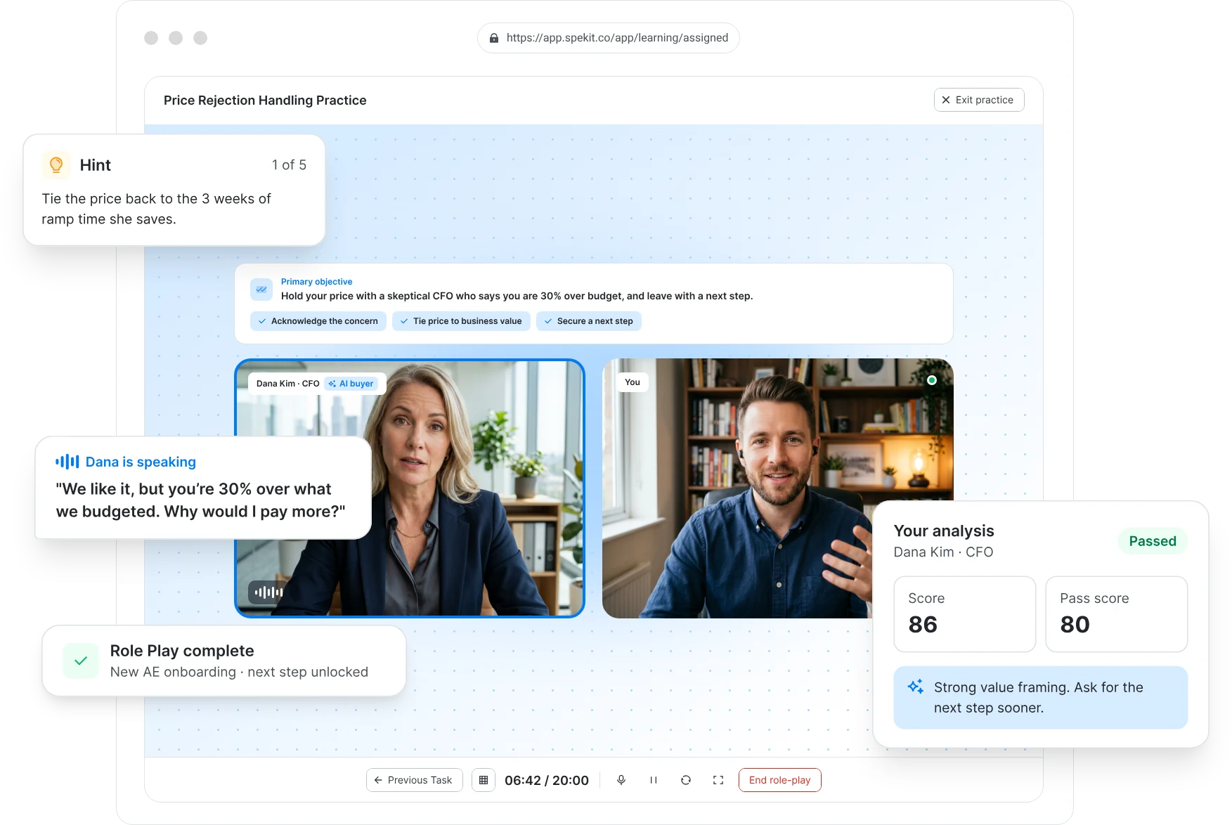 Spekit AI Role Play: a rep practices a pricing objection with an AI buyer and gets a passing score