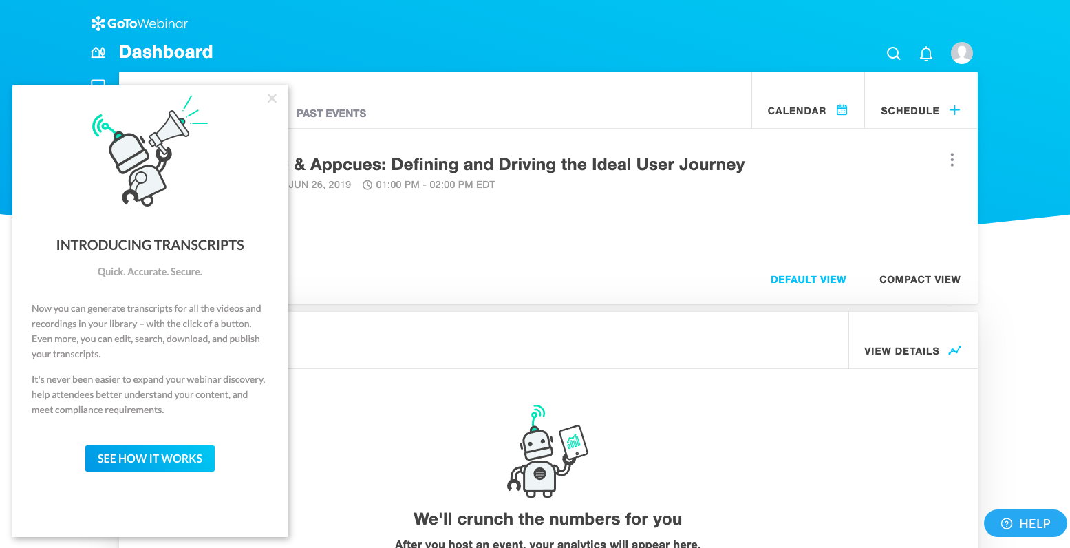 go to webinar in-app feature announcement made with appcues