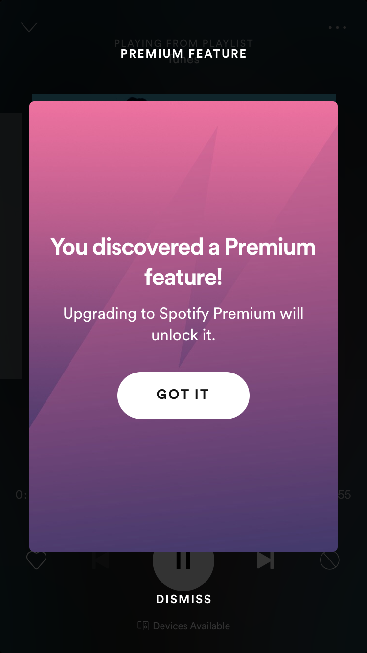 spotify premium feature upsell prompt mobile app example