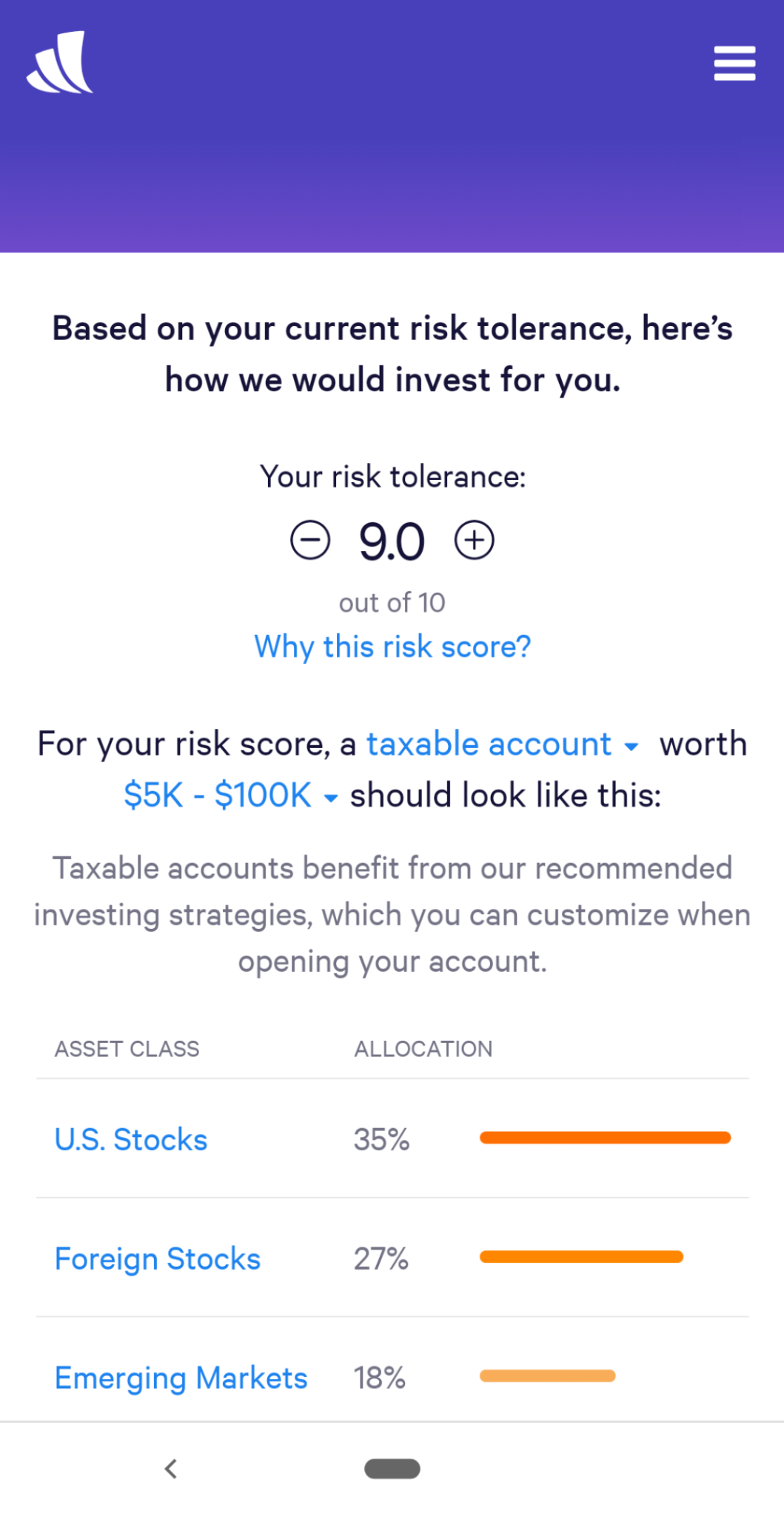 this is a mobile screenshot image of wealthfront's personalized onboarding that says: based on your current risk tolereance, here's how we would invest for you