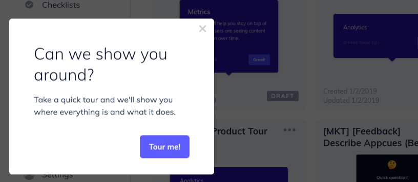 appcues-built product tour modal window