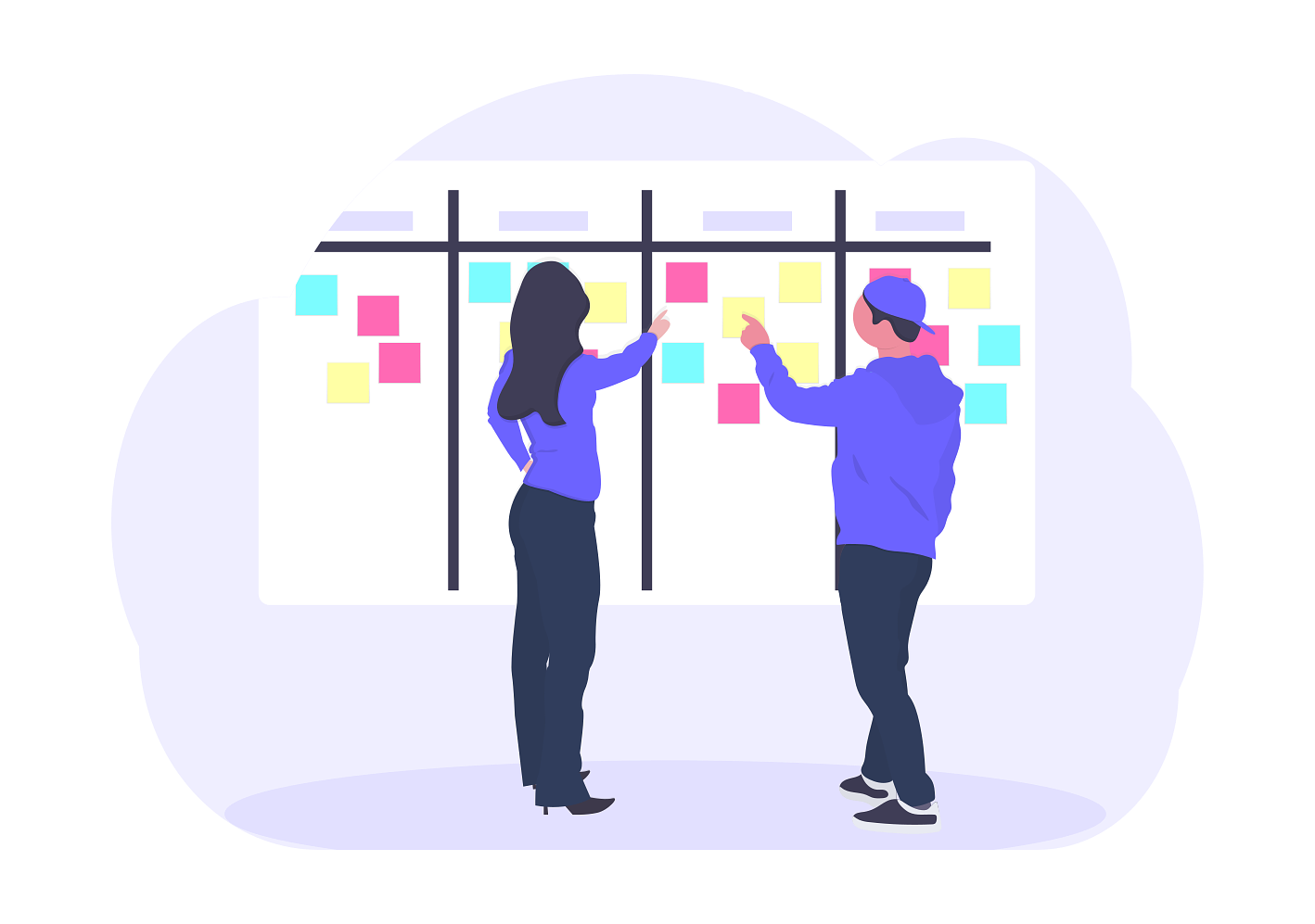an illustration of product managers at a scrum board with sticky notes