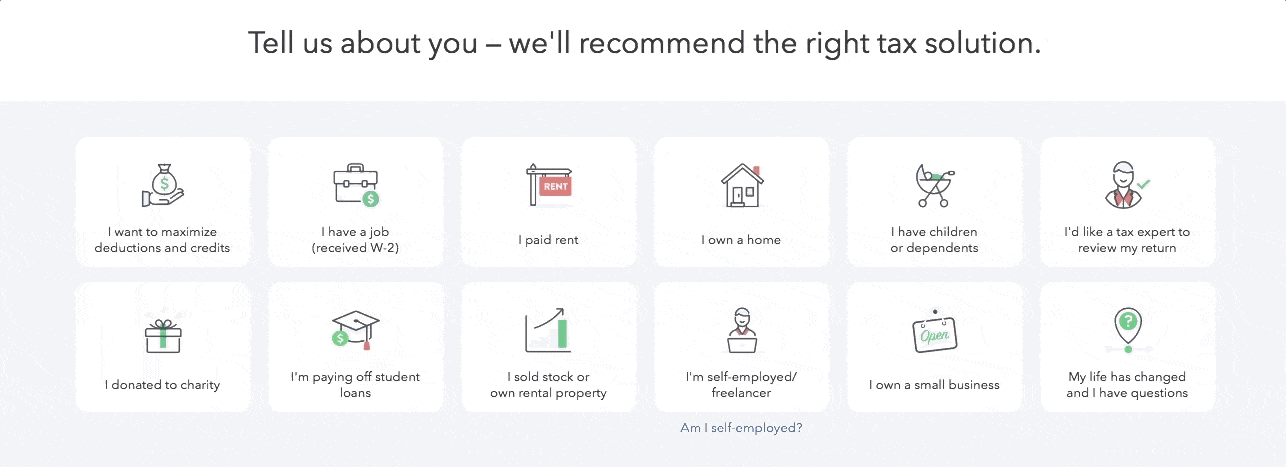This is a gif showing self segmentation by persona on TurboTax's homepage prior to account creation. It shows a user selecting options that apply to them in the 2018 fiscal year