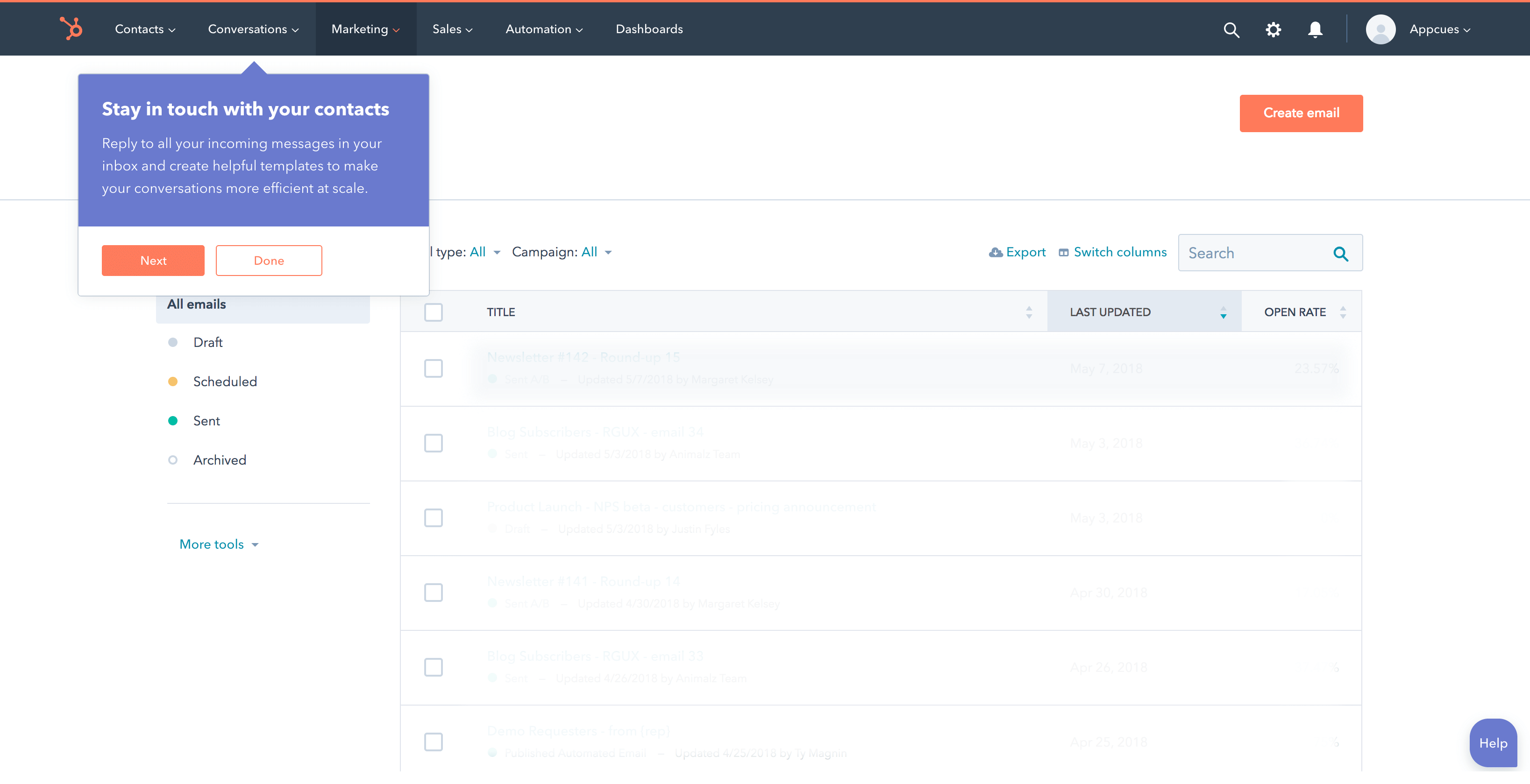 Hubspot uses a simple tooltip to introduce a new feature, allowing users to see how the feature works within the context of their normal use.