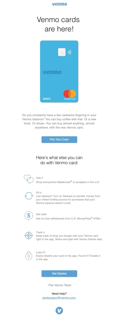 Venmo card product launch email example announcement