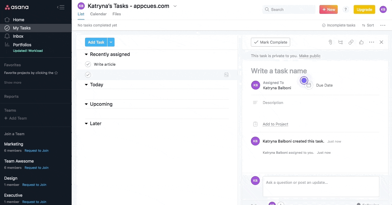 asana web app dashboard walkthrough with hotspot and tooltip