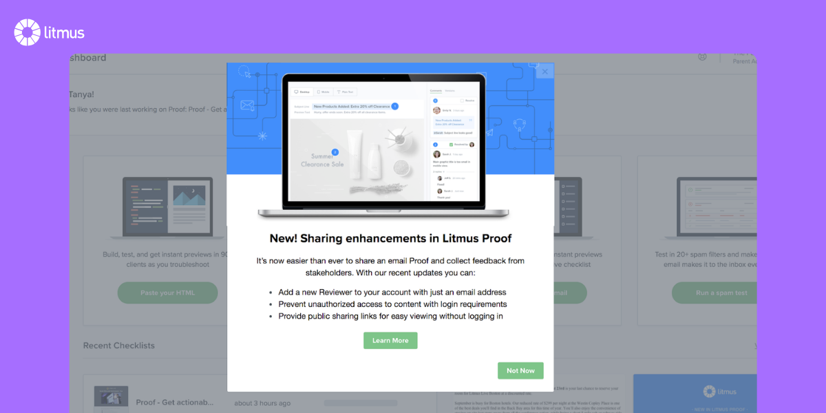 Litmus improved their feature adoption by segmenting who saw announcements through Appcues.