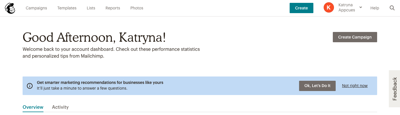 mailchimp's new dashboard with welcome message