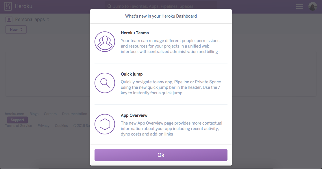 heroku's new feature notification modal window