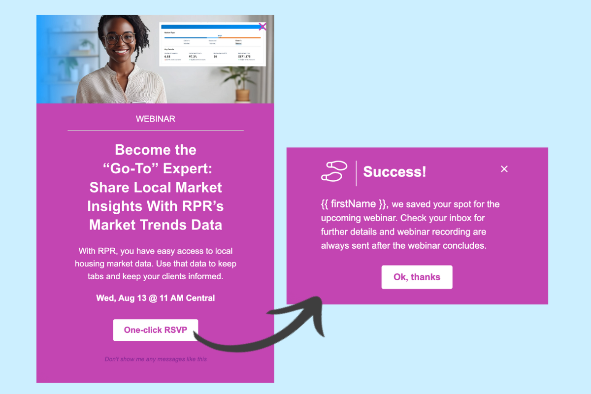 The webinar modal RPR used to drive sign-ups and the success notification.