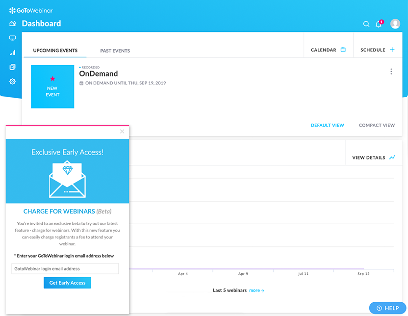 gotowebinar used appcues to make a beta early access announcement in app