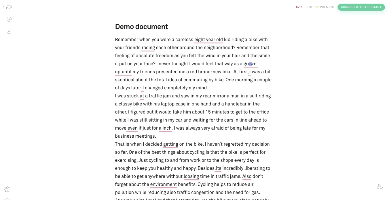 this is a gif image of grammarly editor's new user onboarding demo document that demonstrates a learn by doing apparoach to user onboarding. there are pulsating hotspots aka beacons that open into tooltips when a user clicks on them