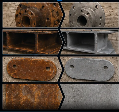 Bauteile vor und nach dem Sandstrahlen im Vergleich