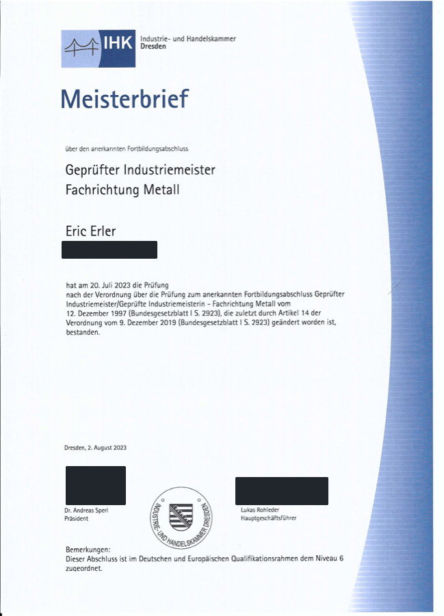 Meisterbrief der IHK Dresden, Geprüfter Industriemeister Fachrichtung Metall