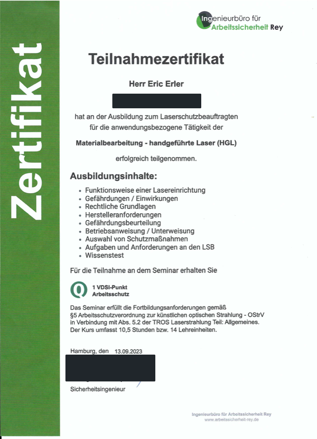 Teilnahmezertifikat Laserschutzbeauftragter für handgeführte Laser