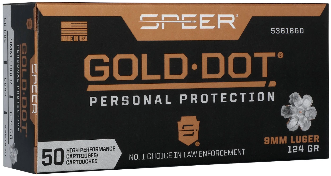 Speer Gold Dot 9mm 124-grain, representative packaging